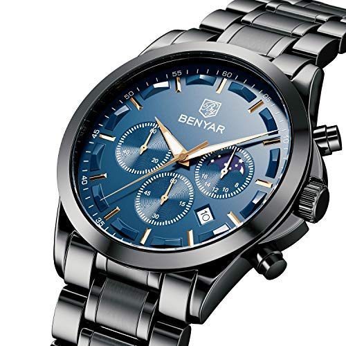 BENYAR Men's Leather Band Chronograph Watch Multi-Calendar Business Formal Waterproof Scratch-Resistant Silver and Blue