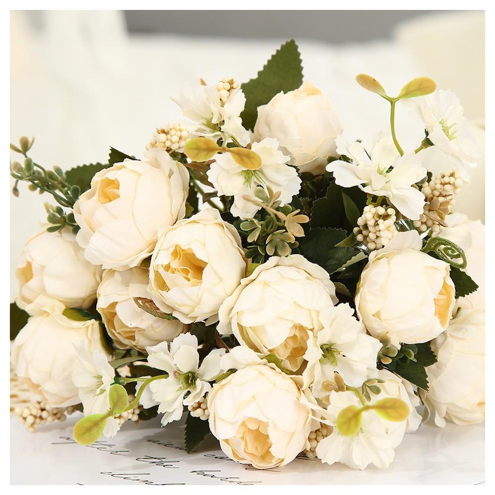 Blush Pink Artificial Peony Bouquet, Fake Silk Flowers with Greenery for Home Wedding Decor