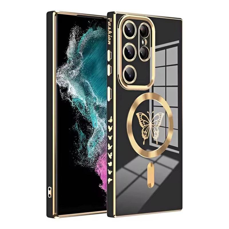 Electroplate Magnetic Butterfly Case For Samsung S25 S24 S23 Ultra S22 S21 Plus For Magsafe Wireless Charging Silicone Cover