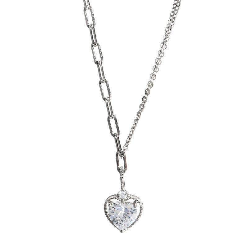 Sterling Tone Love Heart Cubic Zircon Women Necklaces Charm Pendant Clavicle Chain Choker Celebration Party Event JewelryTrendy Pendant