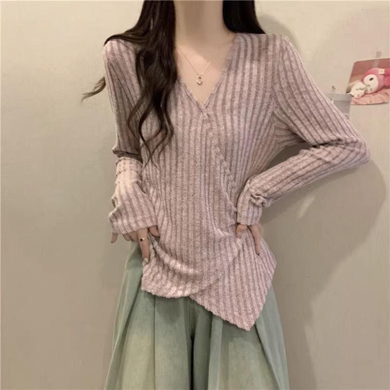 

Plus Size Irregular Hem Long Sleeve T-Shirt with Collar - Slimming, Flattering Fit for Spring/Autumn 3XL (Recommended 160-180 jin)