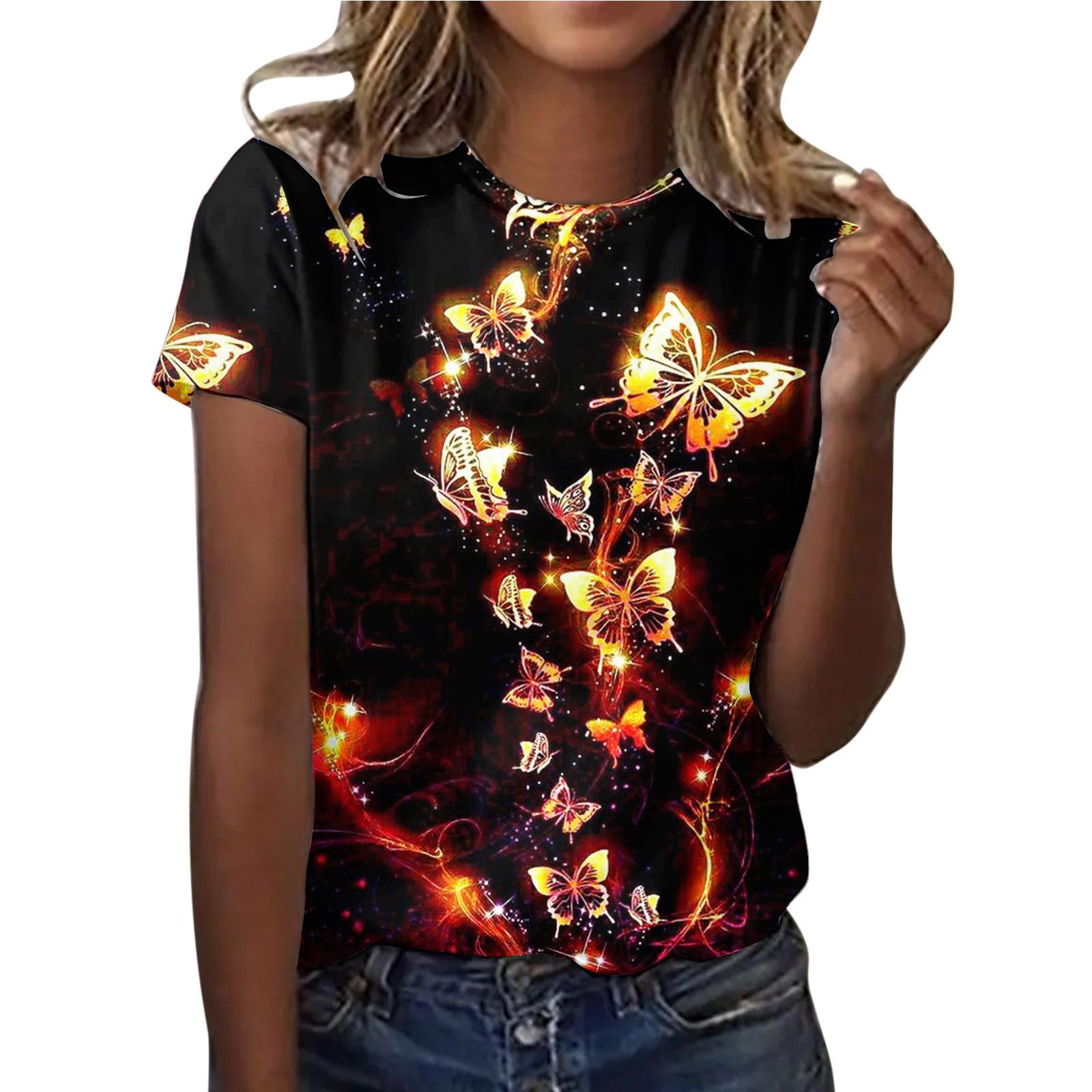 

Летний топ с круглым вырезом и принтом в виде 3D-бабочки и цветочного узора, модные повседневные женские футболки с короткими рукавами 6XL