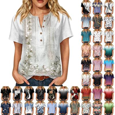 Women’s Fashion Printed Henley Button Neck Short Sleeve Cotton Linen Shirt with Chest Pocket and Modern Abstract Pattern