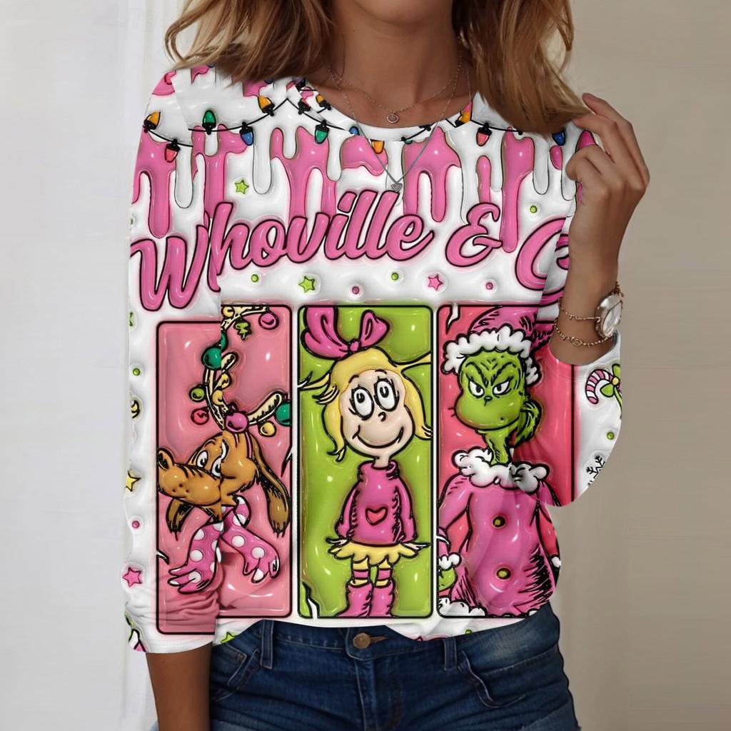 Damenmode, lässig, langärmelig, bedruckt, Rundhalsausschnitt, Pullover, Top, Bluse