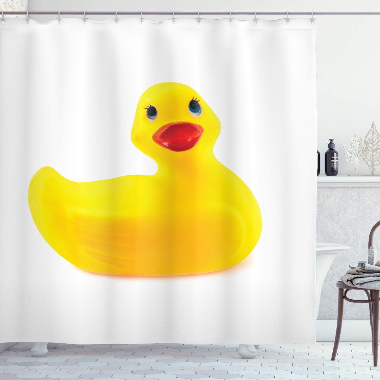 

Duck Shower Curtain Cartoon Character Taking A Bath Colorful Drops Backdrop Dots,Cloth Fabric Bathroom Curtains with Hooks W90xH180cm