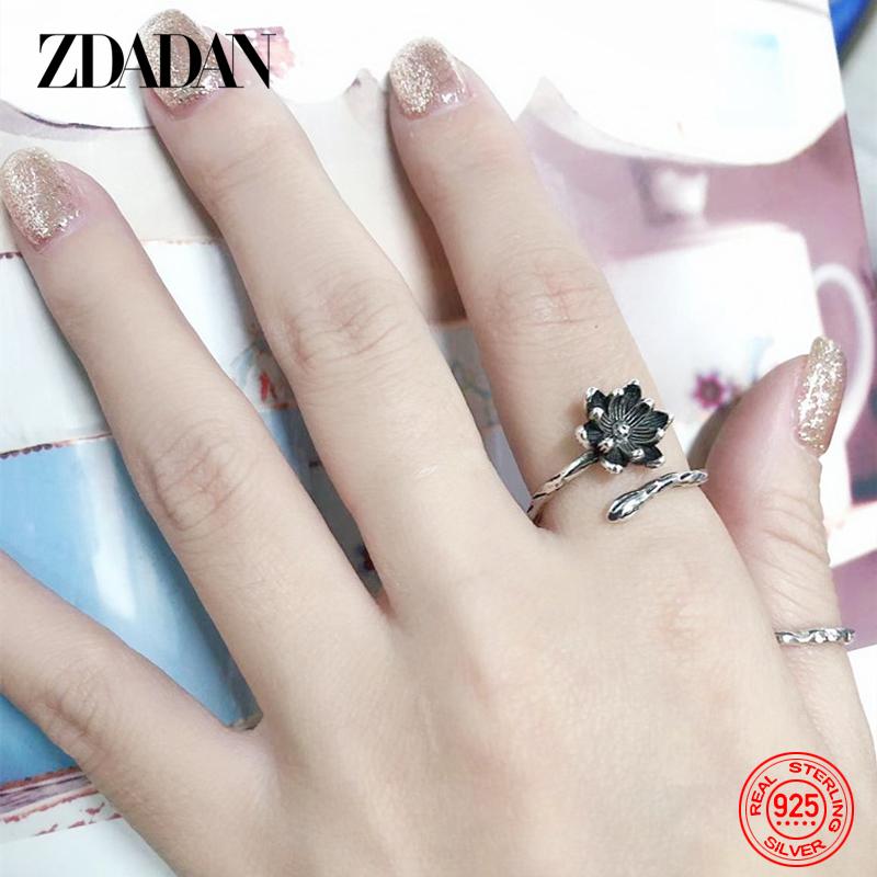 925 Sterling Silver Vintage Black Lotus Ring for Women Fashion Jewelry