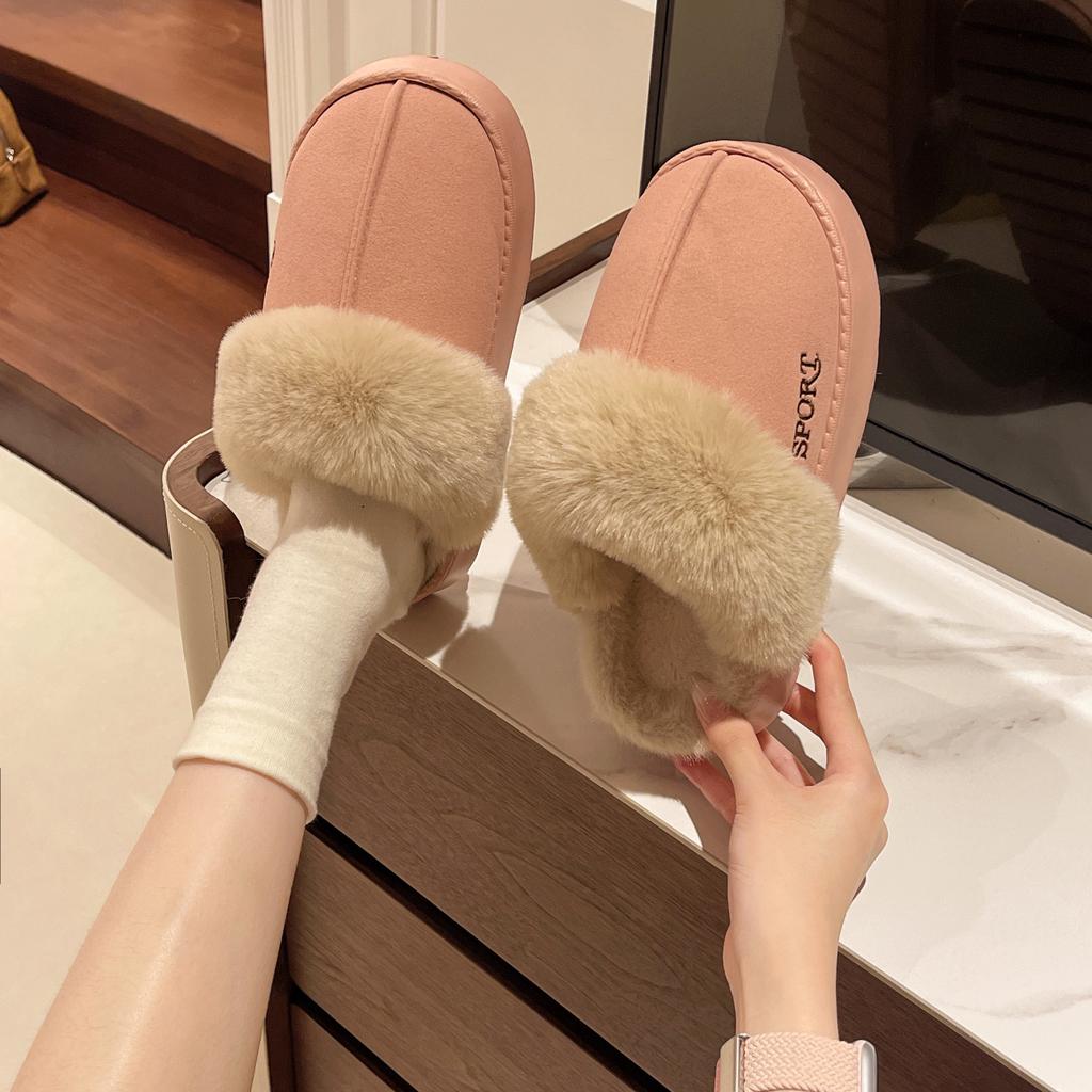 New Big Hair Slippers, Fashionable Home Non-slip Bottom Simple Hair Cotton Shoes