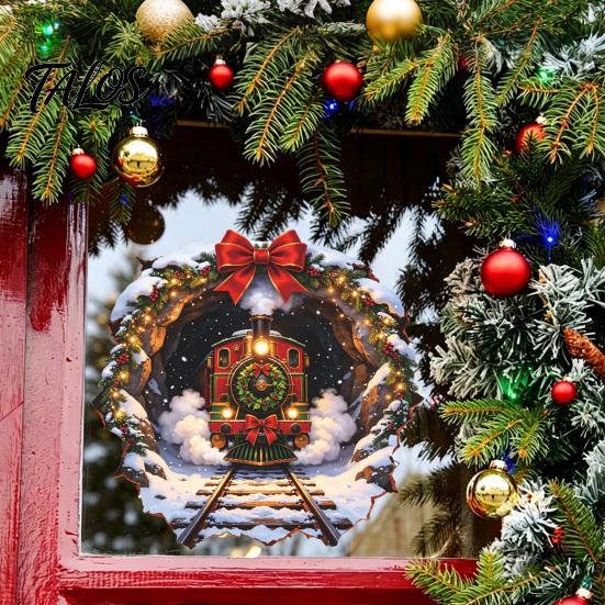 Snowflake Wall Clings Christmas Vintage Steam Train Static Window Sticker, 3D Broken Effect Glass Festive Film No-Adhesive Decal for Xmas Home