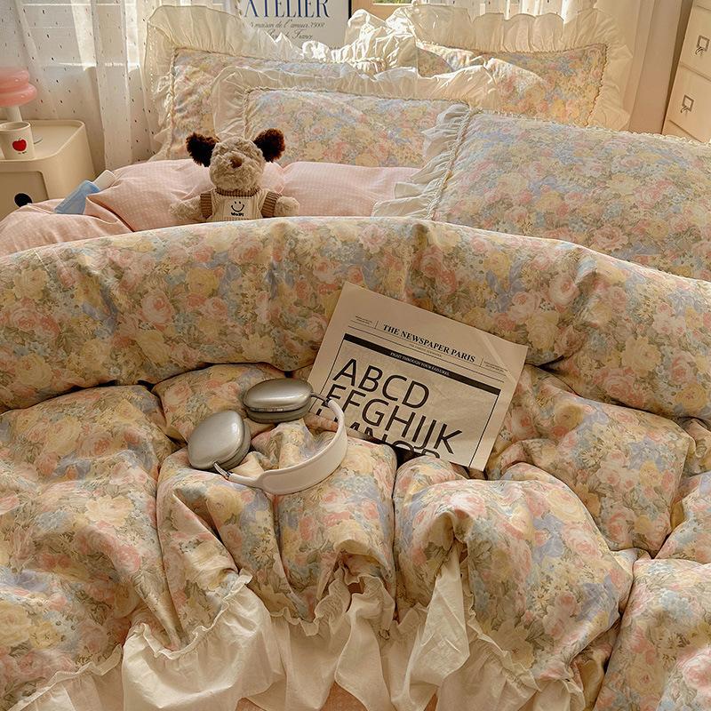 French Lace Bed Four-piece Set Pure Cotton Skin-friendly Comfortable Breathable Washed Bed Sheet Quilt Cover Pillowcase