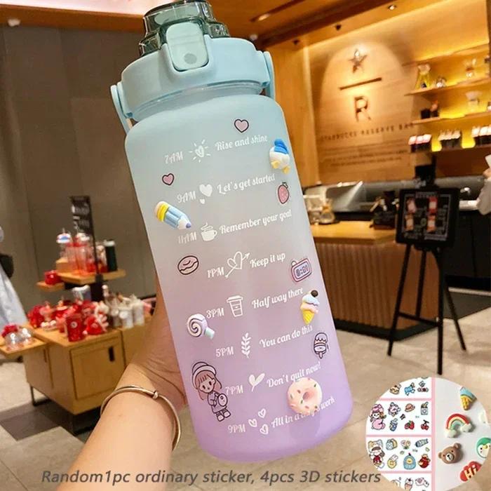 Large Couple Cup with Straw Time Scale Water Bottle Plastic Water Cup Large Student Frosted Outdoor Sports Water Bottles 2L