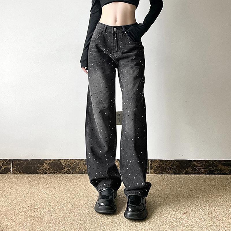 Wasch-Farbverlauf Funkelnde Strasssteine Gerade Beine Ausgestellt Schlankmachende Einzigartige Denim Jeans Für Damen