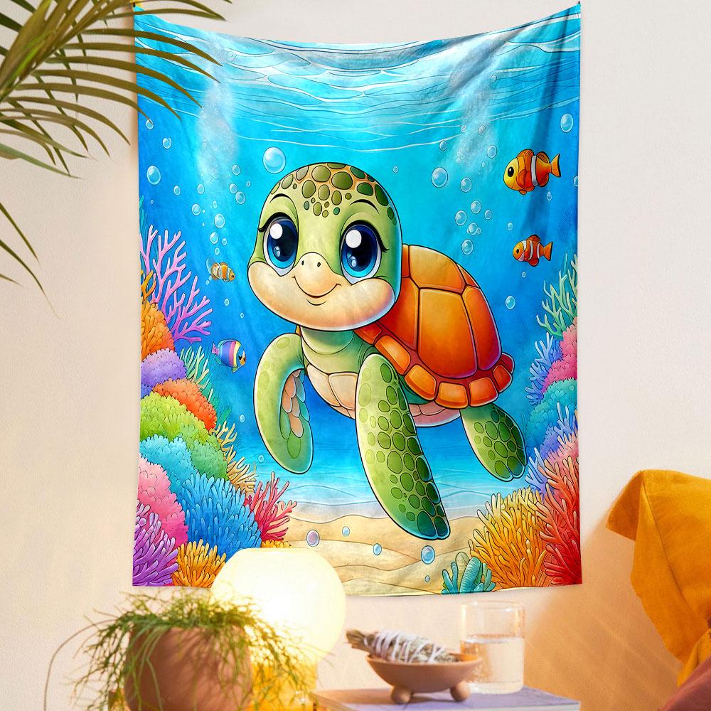 Cute Sea Turtle Underwater with Coral Reef Patterned Tapestry Decorative Wall Hanging, Home Bedroom Living Room Decor