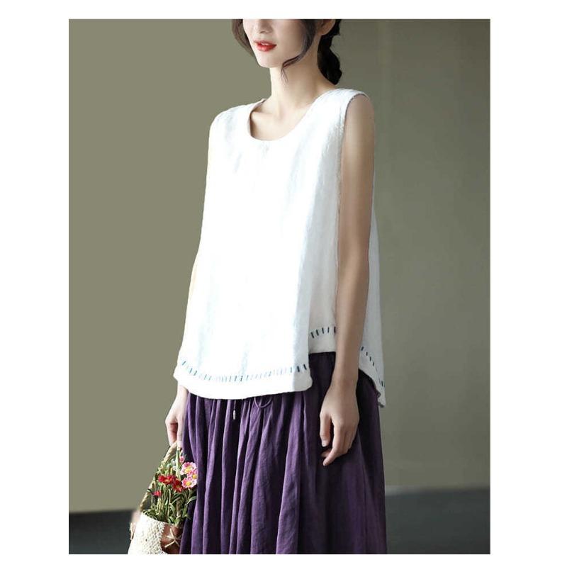 Solid Color Cotton and Linen Embroidered Vest T-shirt Women's Summer Loose Casual Sleeveless Top