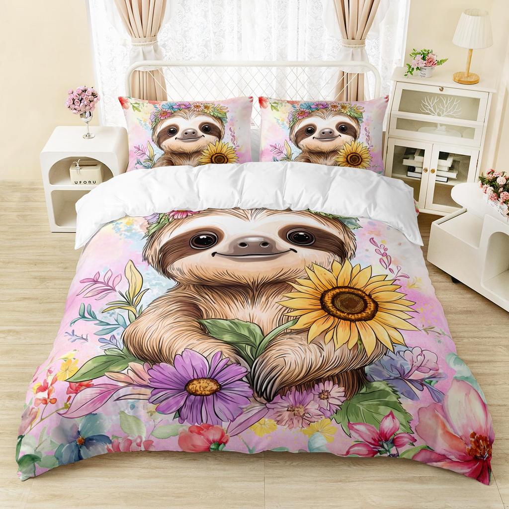 Sloths Tropical Leaves Warm Comforter Cover Set Beding Set for Children Kids Young Boys Young Girls Lovely Animal Soft Duvet Cover Lovely Bedspread