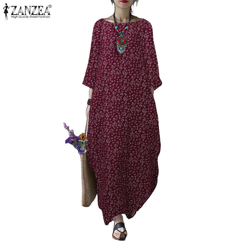 ZANZEA Women Floral Print Casual Round Neck 3/4 Sleeve Cotton Dress