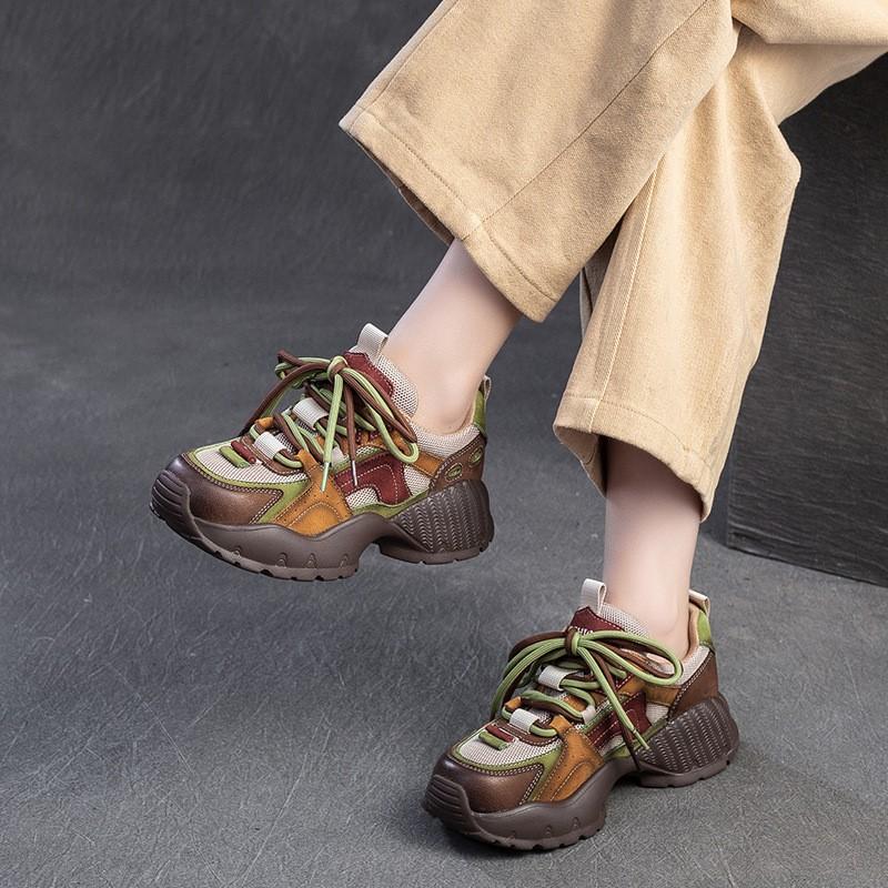 Johnature Casual Genuine Leather Splicing Mesh Mixed Colors Lace Up Fashionable Comfortable Versatile Women's Shoes