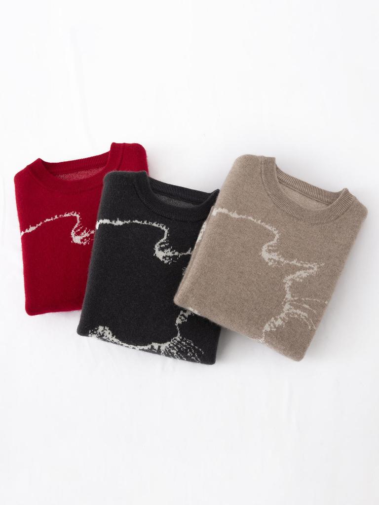 Autumn/Winter Girls' Cute Cat Cashmere Sweater - Thickened Wool for Big Girls