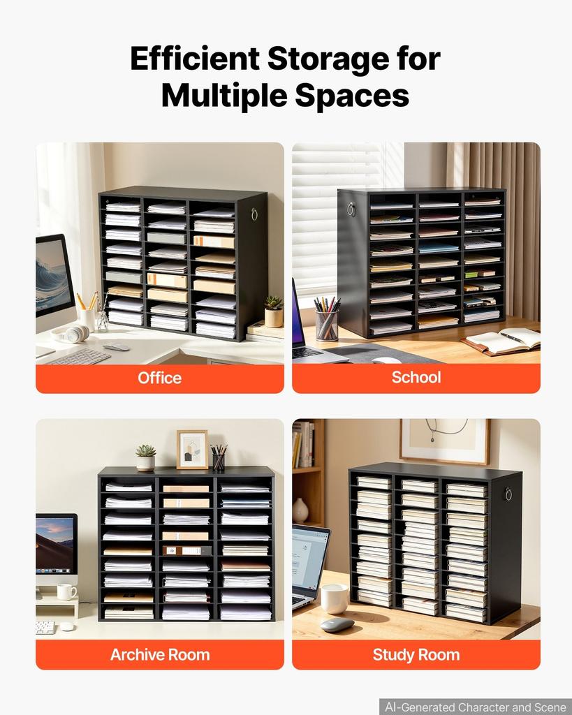 Wood Literature Organizer 27 Compartments Office Mailboxes Black, Countertop Literature Sorter for Files Documents Papers, with Adjustable Shelves,