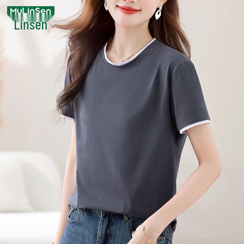 MULINSEN Women s Faux Two-Piece Round Neck Cotton T-Shirt M