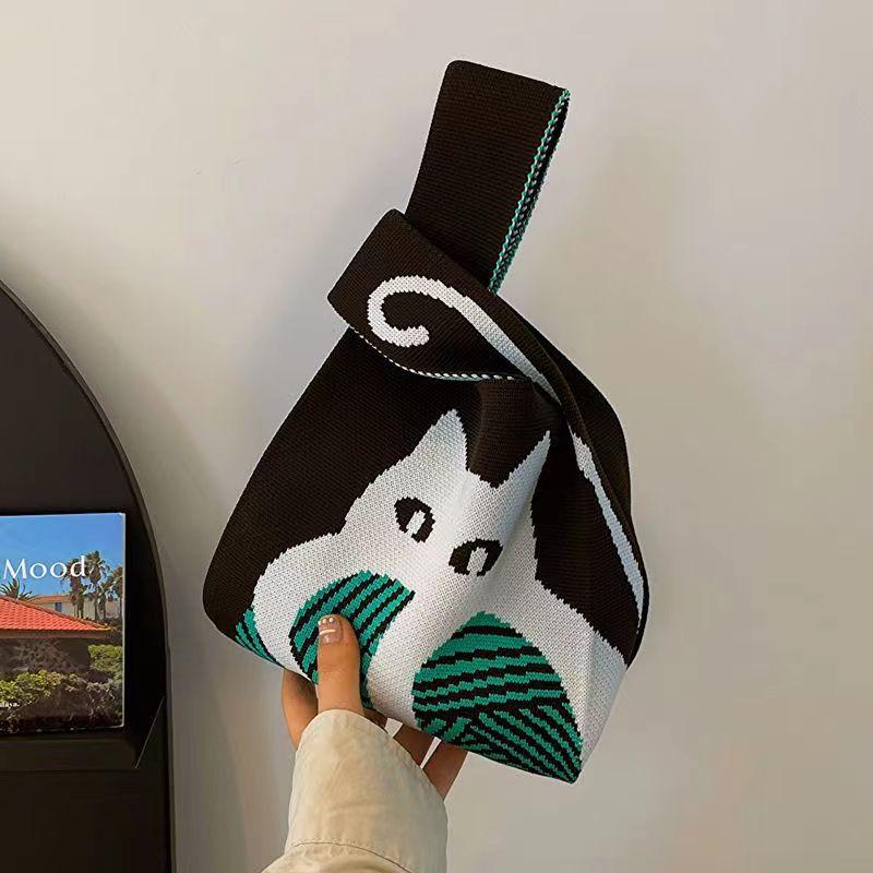 Women's Knot Wrist Bag Handmade Knitted Bag Portable Mini Striped Tote Bucket Phone Bags Large Capacity Autumn Winter Handbags