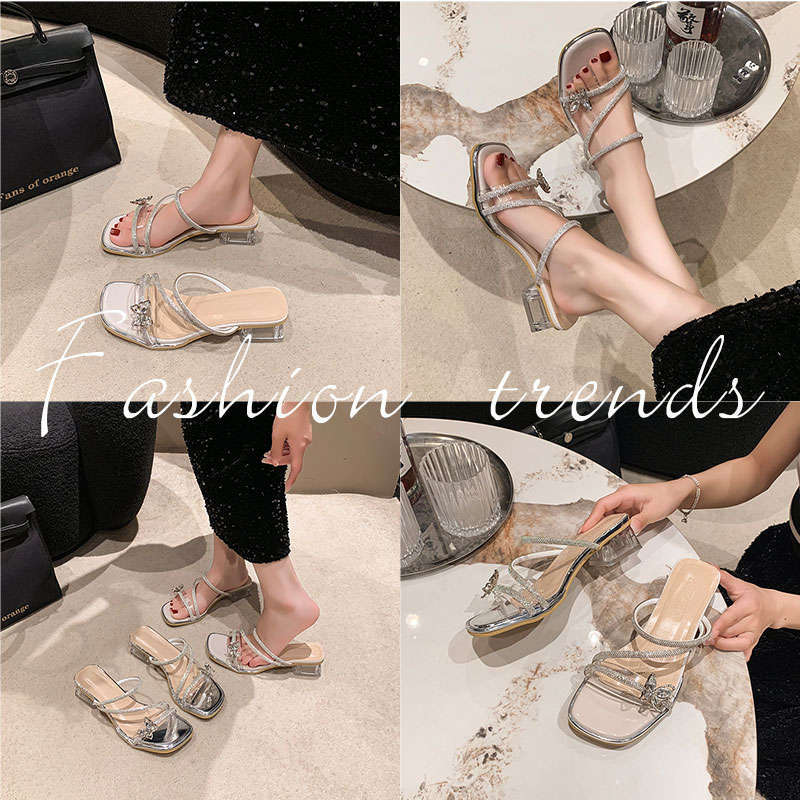 Fairy Wind Bow Rhinestone Temperament High Heel Crystal Sandals Women's Summer Wear 2025 New French Thick Heel Slippers
