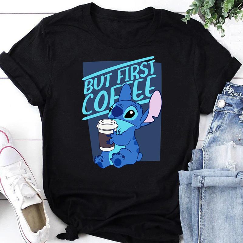 Trendy Casual Lilo and Stitch Cartoon Unisexs Tshirt Shirt Unisexs Summer Tshirt Black Crewneck Casual Shirt S3XL Size S