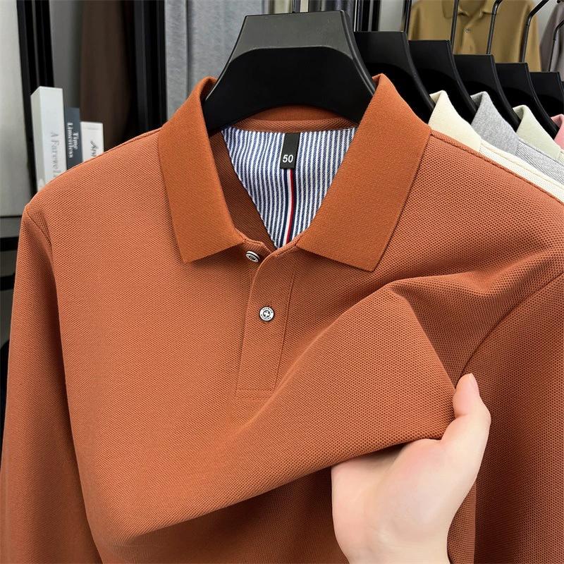 Spring Summer Men's Solid Color Cotton Polo Shirt - Long Sleeve Casual Top