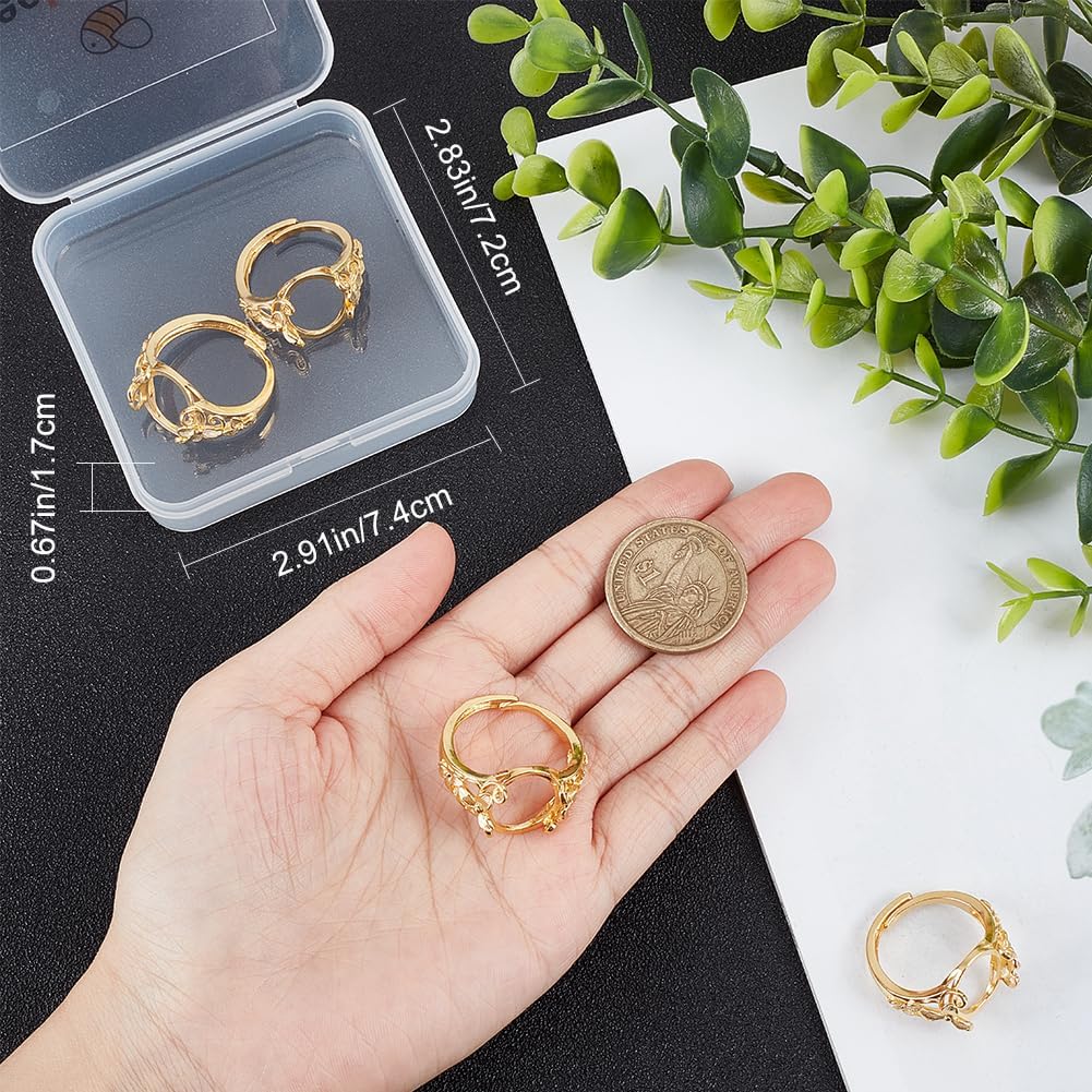 Beebeecraft 1 Box 4Pcs Blank Ring Base 24K Gold Plated Flower Flat Round Pad Adjustable Prong Ring Setting with Oval Tray for DIY Jewelry Ring Making
