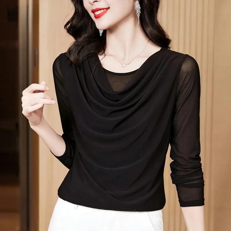 Camicetta Asimmetrica Donna Maniche Lunghe In Rete: Morbida, Elasticizzata, Vestibilità Aderente, Per Uscite Serate E Feste (S/M/L/XL)