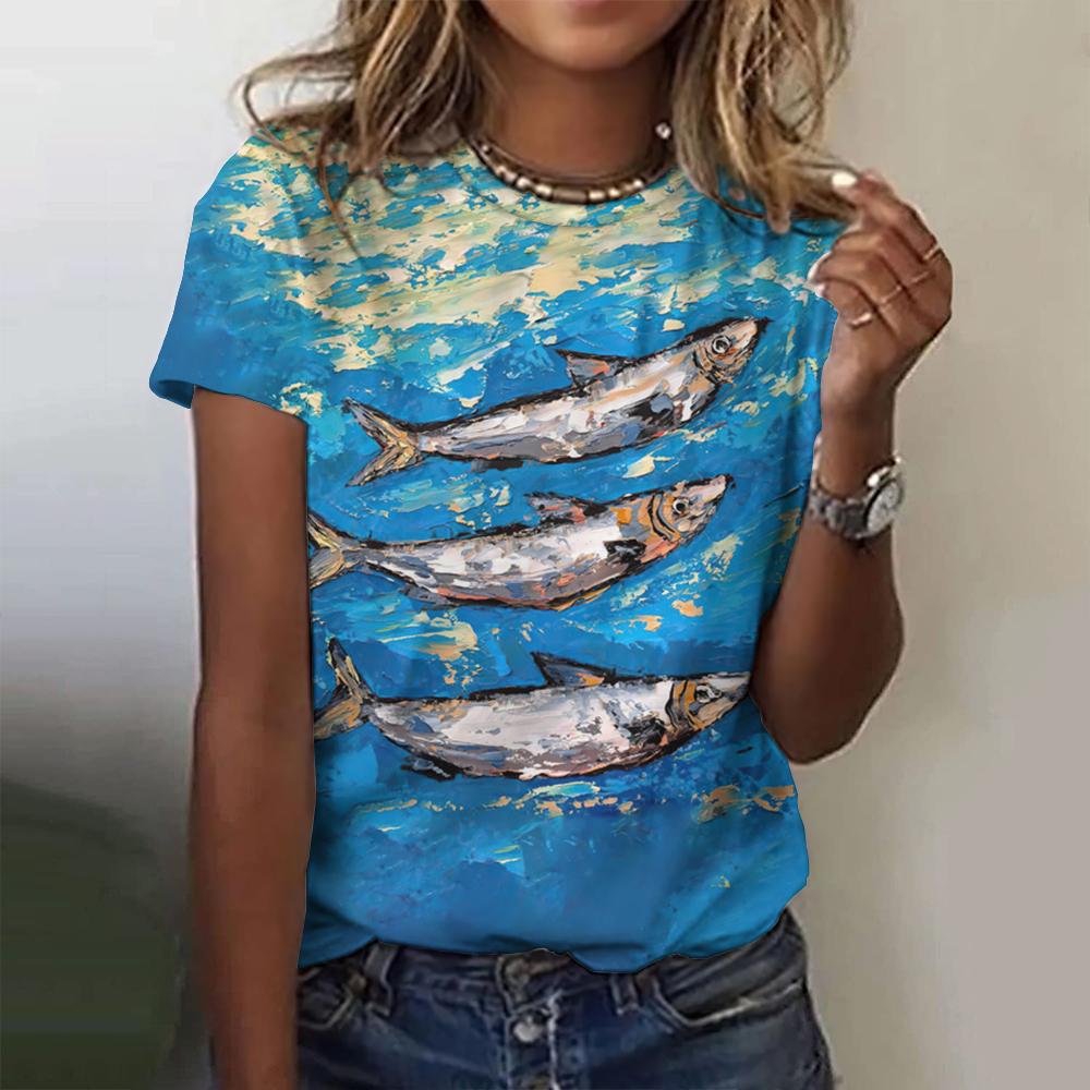 Summer Round Neck 3D Fish Printed Top Fashionable Casual Short Sleeved Women's T-shirts