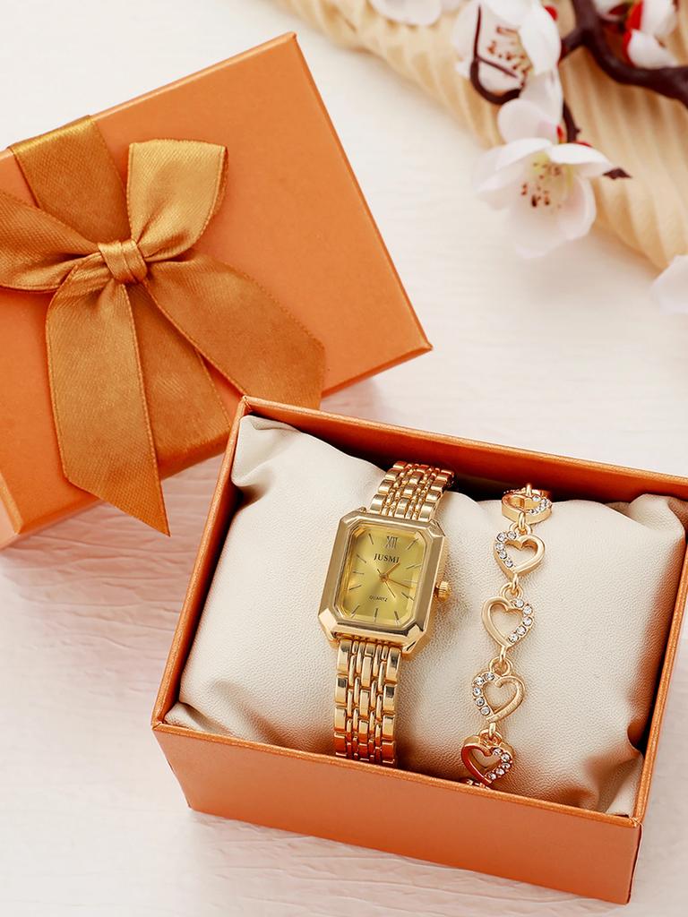 Fashionable simple square dial steel band women's quartz watch love diamond bracelet set of 2, suitable for daily wear, holiday
