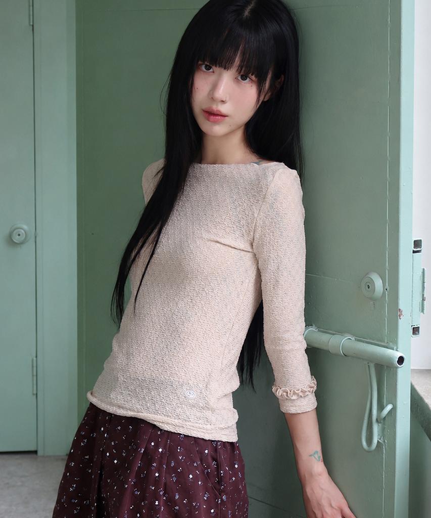 SOME PLACE Wrinkle Frill Point Boat Neck Semi-Slim 3/4 Long Sleeve T-Shirt_3 Colors