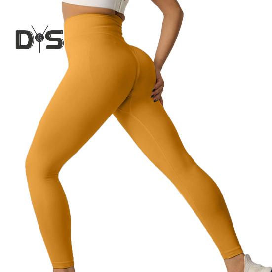 

Женские штаны для йоги, леггинсы с высокой талией, однотонные, компрессионные, эластичные, приподнятые, бесшовные, расклешенный подол, корректирующие живот, спортивные брюки для спортзала, танцев и студии S жёлтый