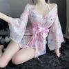 Yukata Cosplay, sexy Oiran-Kimono, 4-teiliges Set, süßer Yamato-Nadeshiko-Pyjama, Dessous im japanischen Stil, Cosplay, Netzstrumpfhose inklusive, Kirschblüte