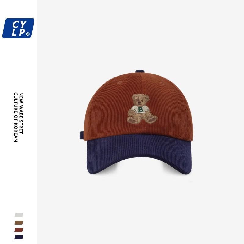 

Korean Cute Cartoon Bear Embroidered Baseball Cap for Women In Winter Corduroy Student Fashion Splicing Contrasting Color Baseball Cap M（56-58cm）