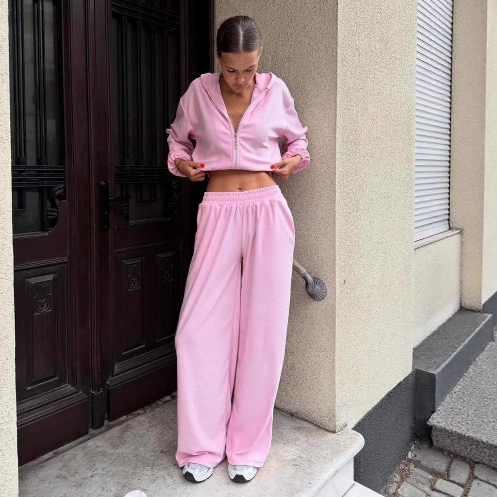 Autumn Zip-Up Hooded Crop Top & Casual Long Pants Set - Women's Sports Style