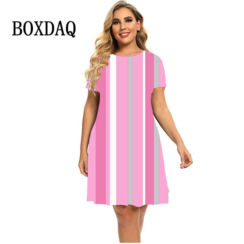 Bunt Gestreiftes Kleid Sommermode Straße Beiläufiges Loses Kleid Frauen Übergroße Kurzarm Elegante Damen Büro Minikleider