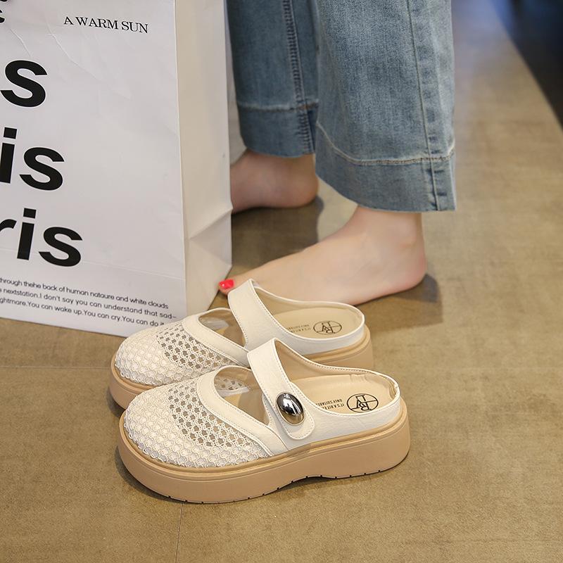 Thick-soled bag head half slippers women's 2025 new hole sandals summer women's shoes heightening breathable hollow mesh slippers