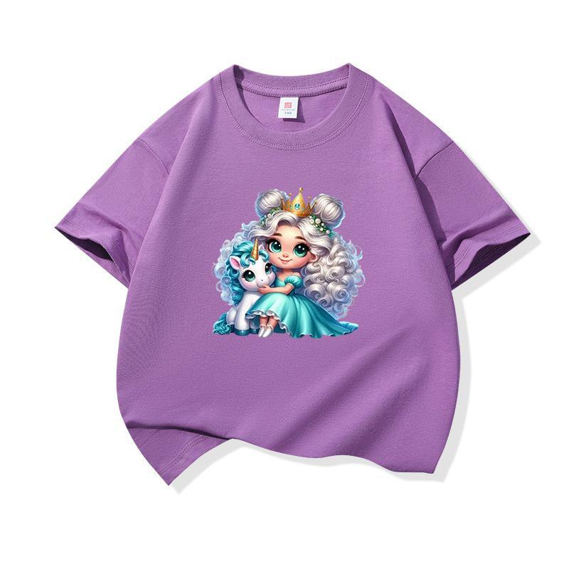 Kids Cotton T Shirt Princess Girl With Blue Unicorn Print Crew Neck Short Sleeve Tee Casual Boys Girls Summer Tops