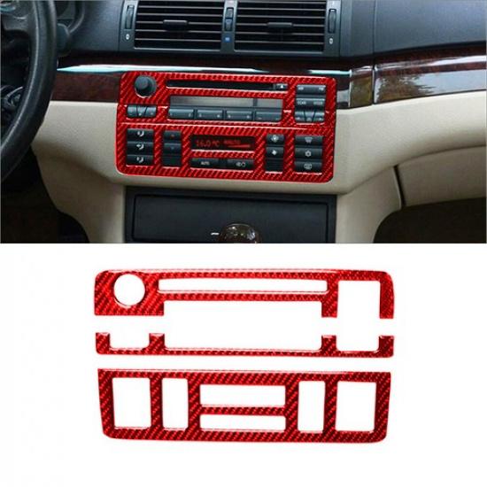 3Pcs Red Carbon Fiber Interior Central Console Cover Trim For BMW 3Series E46