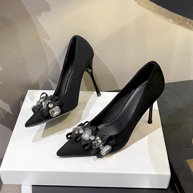 Temperament Stiletto Single Shoes Spring and Autumn New Pointed Toe Shallow Mouth Rhinestone Bow Slip-on High Heels