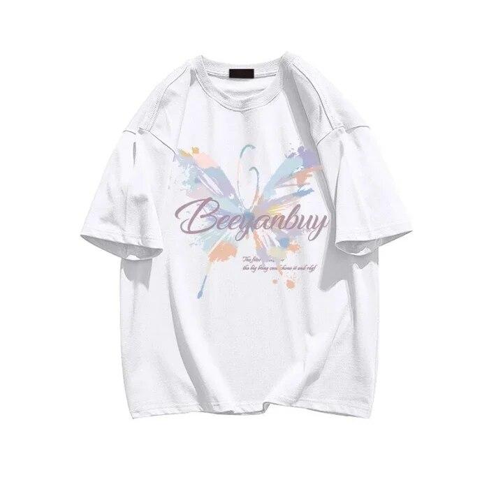 Sommer Uformelle y2k topper T-skjorter harajuku overdimensjonert sommerfugltrykk i ren bomull T-skjorte Grafisk Dame T-skjorter Hipster kawaii klær