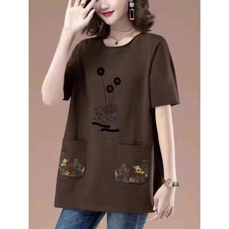 Long Length Pure Cotton Short-Sleeved T-shirt for Women Summer New Arrival Loose Plus Size Middle-Aged Ladieswear Loose Tummy Hiding Slimming Tops