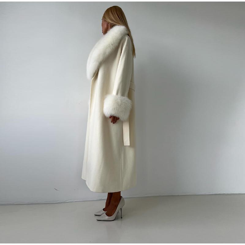 Pelzkragen Schnürwollmantel Damen Herbst und Winter Neuer dicker Mantel Einfarbig Langer modischer Mantel