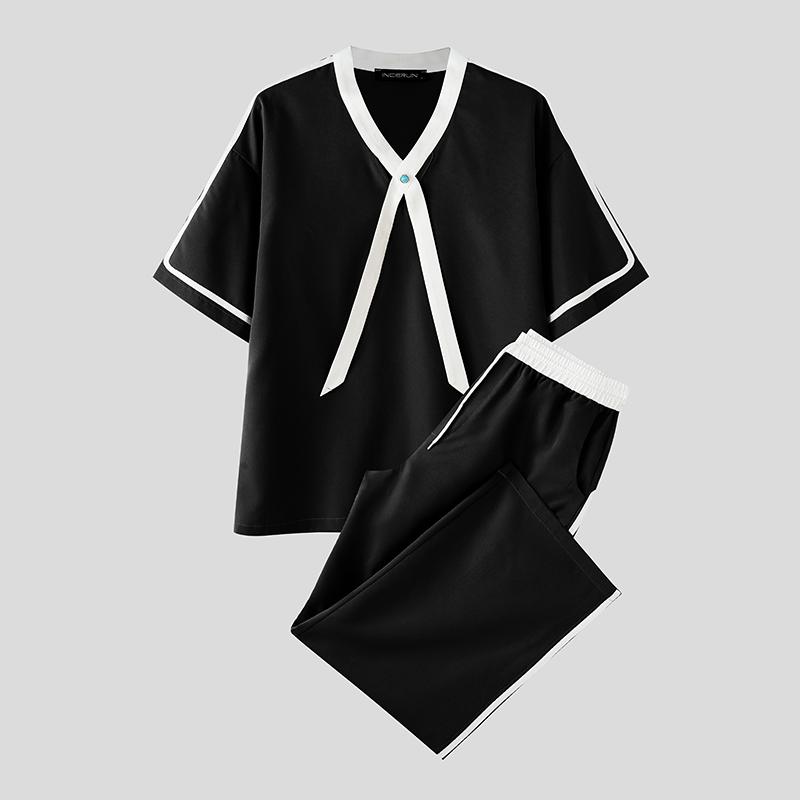 

INCERUN 2PCS Men V Neck Patchwork Short Sleeve Shirt Long Straight Pants Sets Outfits M