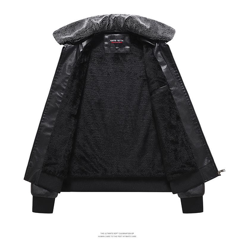 Men's European Winter PU Leather Jacket with Velvet Collar - Large, Warm, Windproof Motorcycle Style