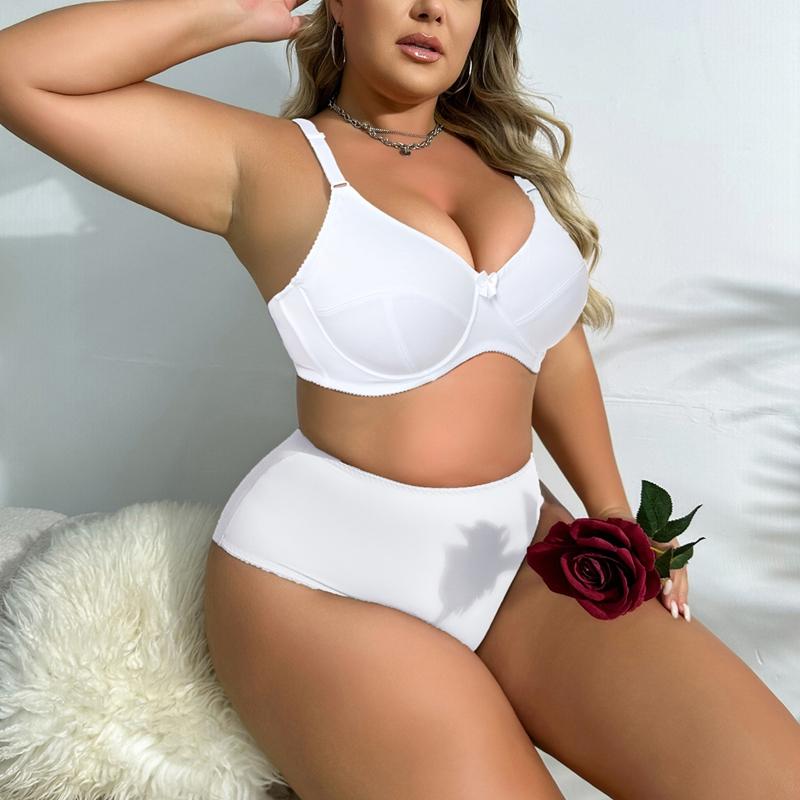 Women Plus Size Thin Lingerie Sets Bow with Wire Brassiere Comfortable Panties 36-48 C D E F Cup-398