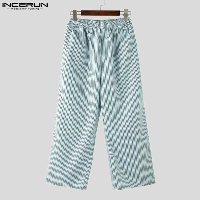 INCERUN Men Elastic Waist Pants Casual Home Wear Striped Print Long Trousers