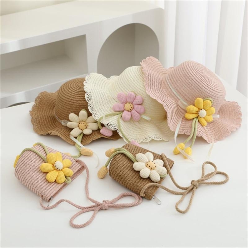 2Pieces Kids Summer Sun Hat And Bag Set Breathable Straw Braided Design For Beach Outdoor Activities