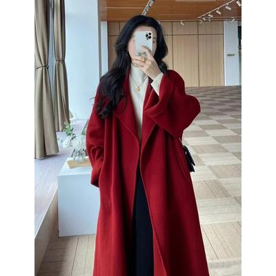 Red Woolen Coat Women's Woolen Coat Autumn and Winter High-end Sense of Small Loose Mid-length Style